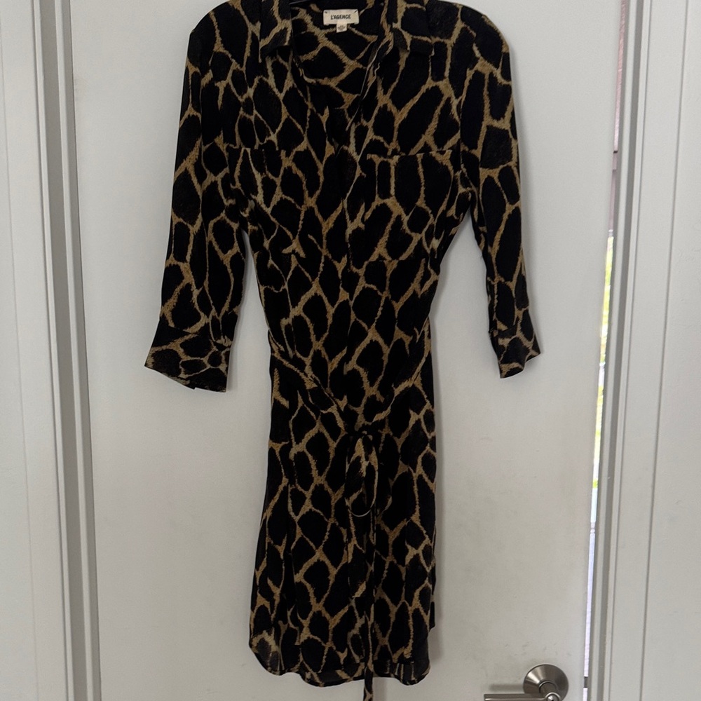 L'Agence Black and Tan Animal  Print shirt Dress with tie.